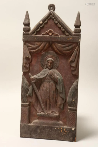 Religious Carved Wood and Gesso Panel,