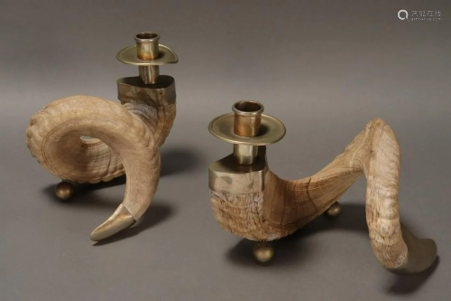 Pair of Late Victorian Ram's Horn Candlesticks,
