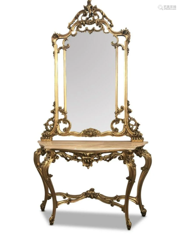 French Rococo Style Gilt Console Table & Mirror,