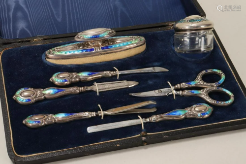 English Sterling Silver & Enamel Manicure Set,