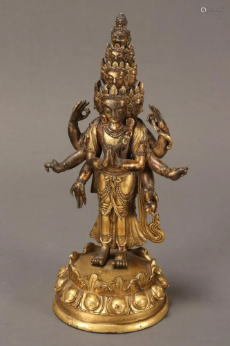 Chinese Gilt Bronze Multi Faced Buddha,