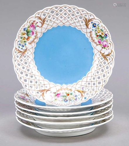 Six dessert plates, German, c.