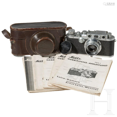 A Leica camera type IIIb with leathercase and manual