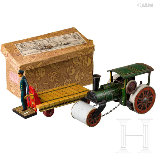 A small TippCo road roller and a luggage trolley in the