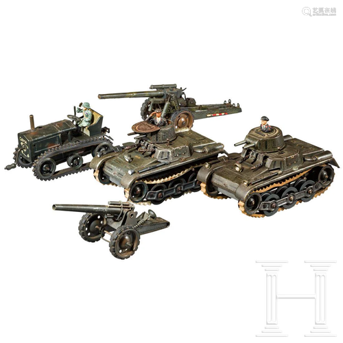 A group of Gama Tanks T60, a tractor, figures and