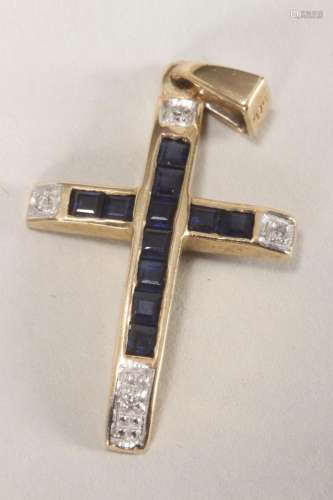 9ct Gold, Sapphire and Diamond Cross Pendant,