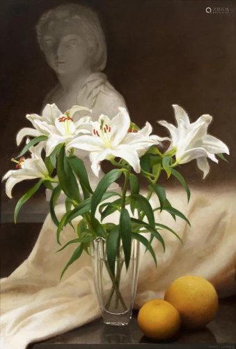 Conor Walton (b.1970) Vase of Lilies with Citrus Fruit