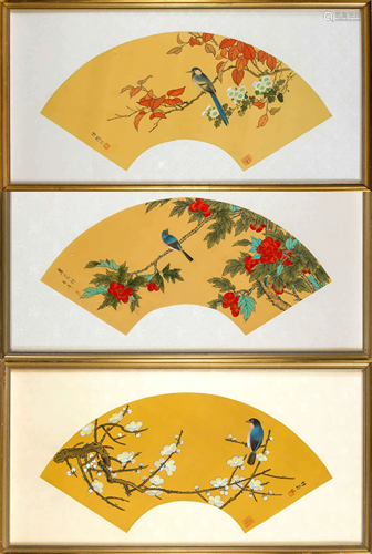 3 silk paintings, China, 20th