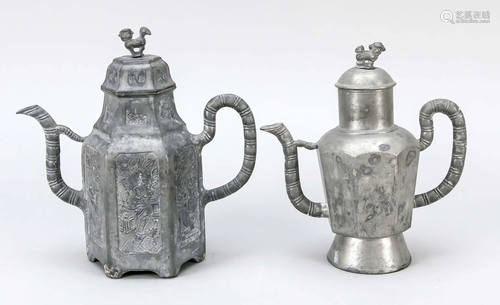 2 pewter jugs with relief deco