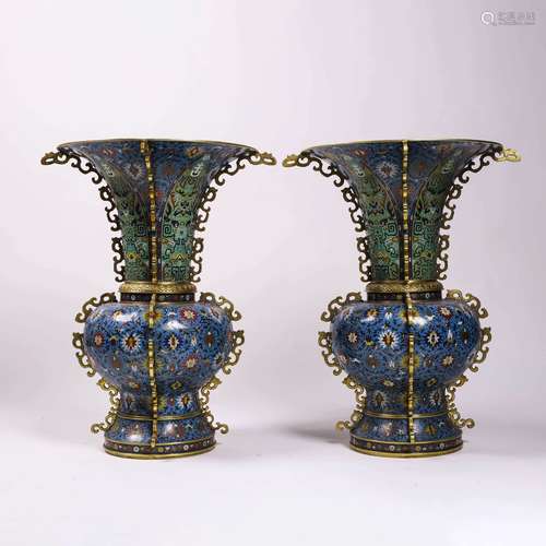 A pair of two cloisonne enamel interlocking flowers zun vase...