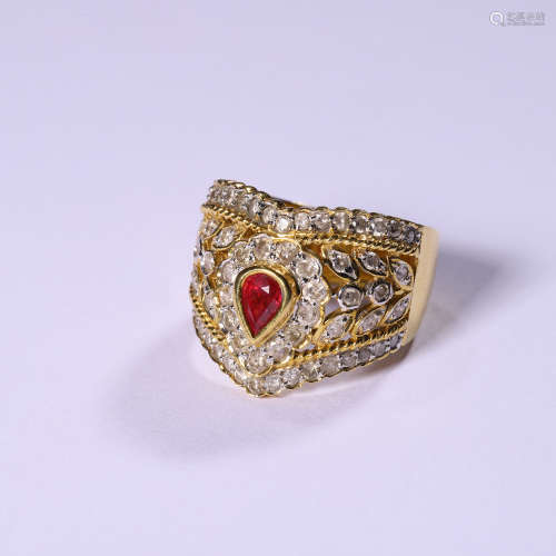 近代 18k金红宝石（无烧）镶钻戒指