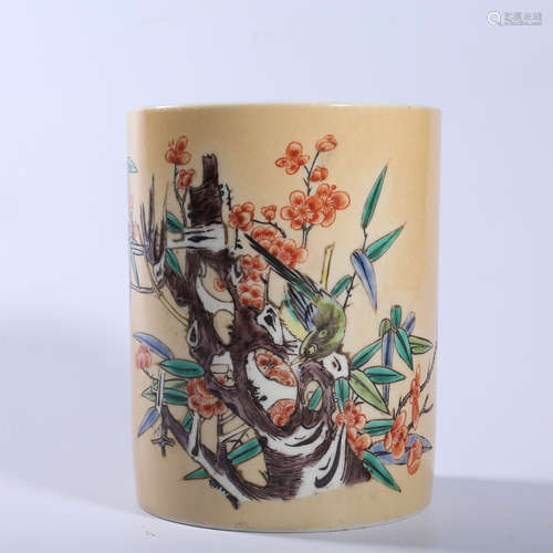 Qing Dynasty pastel brush holder with flower and bird patter...