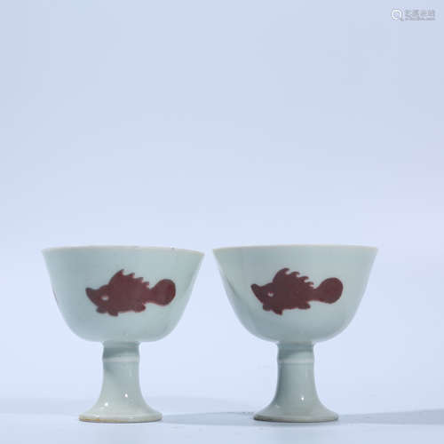 A pair of red three fish pattern high foot cups in Chenghua ...