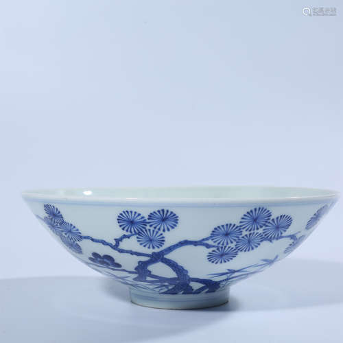 Qing Dynasty Kangxi blue and white pine bamboo plum bowl