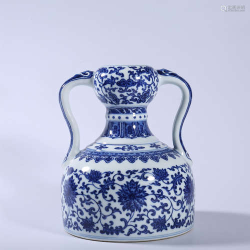 Qing Dynasty Qianlong blue and white lotus ear vase