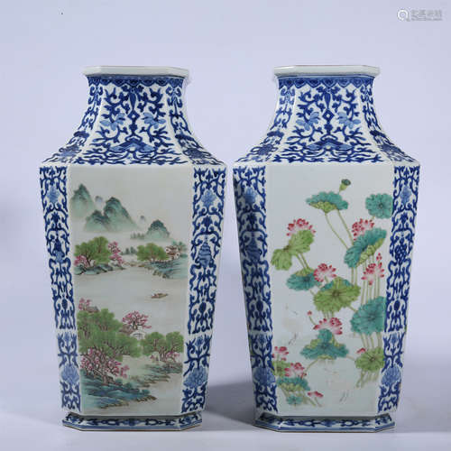 A pair of blue and white famille rose vase with flower patte...