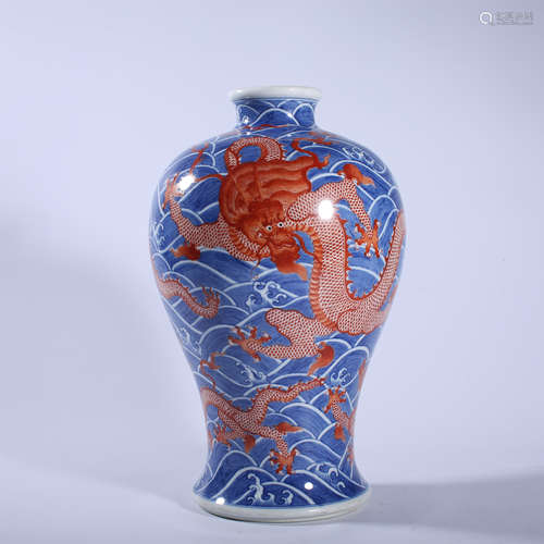 Qing Dynasty Yongzheng blue and white red dragon vase