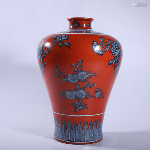 Qing Dynasty Qianlong red bottom blue and white plum vase wi...