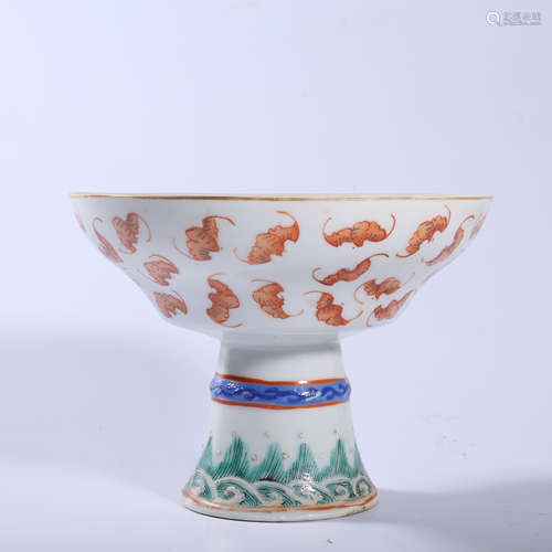 Qing Dynasty Guangxu pastel bat pattern high foot bowl