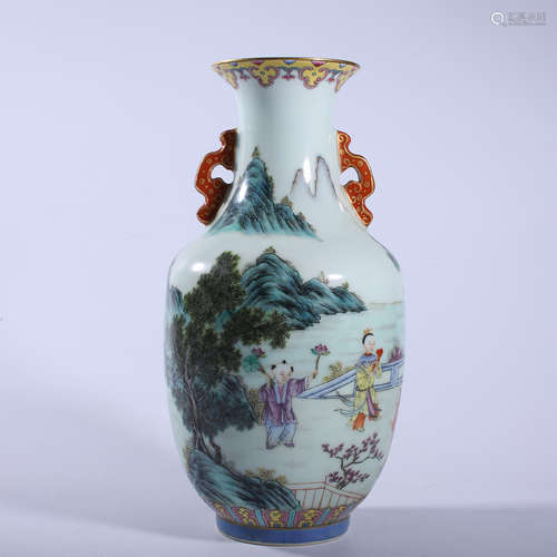 Qing Dynasty Qianlong pastel vase with two ears