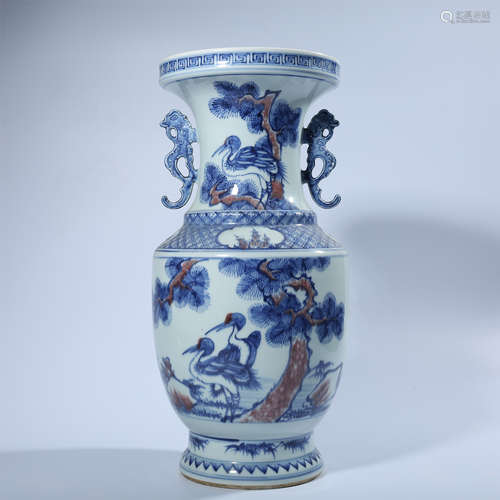 Blue and white underglaze red double eared vase in Qing Dyna...