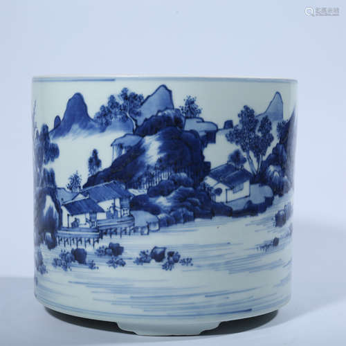 Blue and white brush holder with landscape pattern in Qing D...