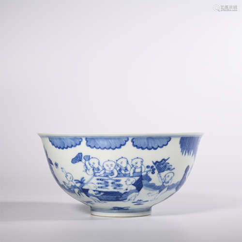 Qing Dynasty Qianlong blue and white baby opera pattern bowl