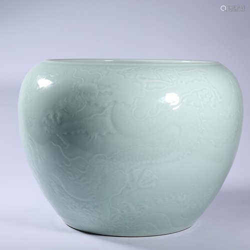 Qing Dynasty Kangxi powder blue glaze relief dragon VAT