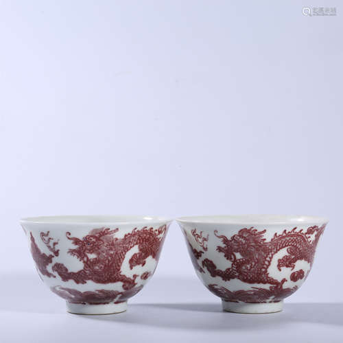 A pair of red dragon bowl in glaze of Kangxi in Qing Dynasty