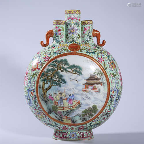 Qing Dynasty Qianlong pastel three hole flat bottle