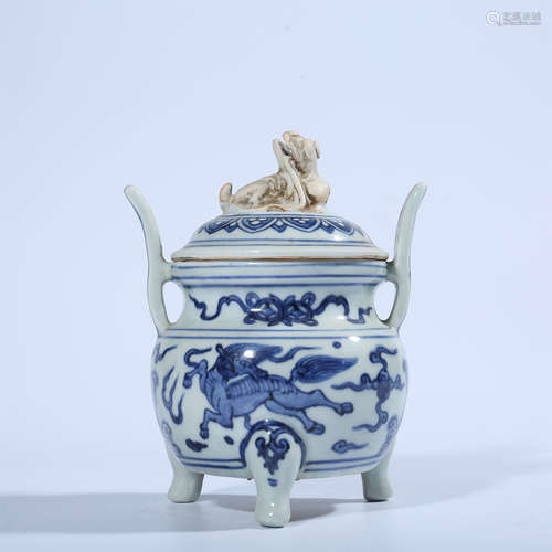 Blue and white animal pattern three foot censer in Ming Dyna...