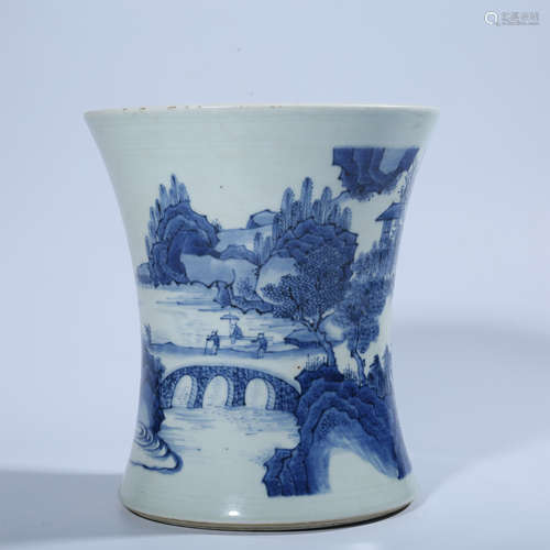 Blue and white brush holder with landscape pattern in Ming D...