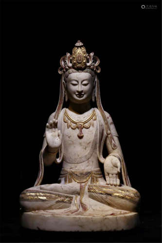 A SITTING BUDDHA WHITE MARBLE STONE STATUE