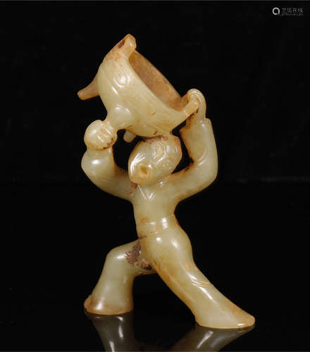 A JADE FIGURINE OF DANCER UP-HOLDING A TRIPOT DING