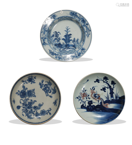 Three Chinese Blue and White Plates, 18th Century