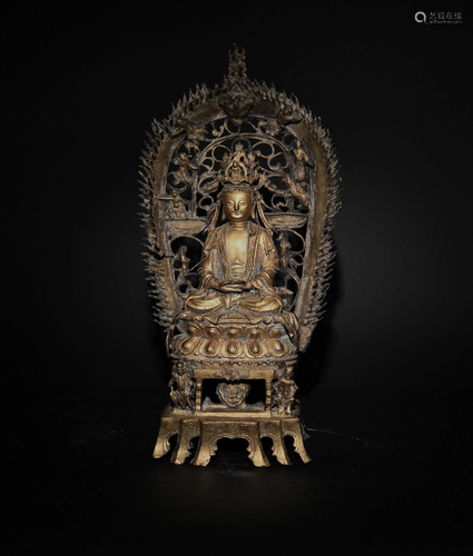 Chinese Gilt Bronze Buddha with Throne and Torana, Ming