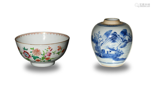 Chinese Famille Rose Bowl, Blue and White Jar, 18th