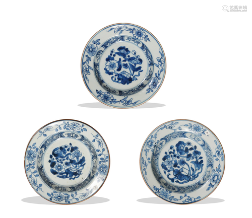 Three Chinese Blue and White Export Plates, 18th