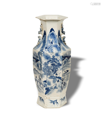 Chinese Blue and White Hexagonal Floor Vase, 19th