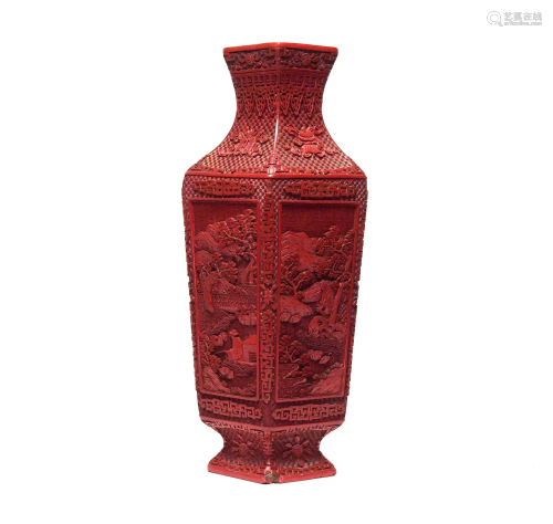 Chinese Diamond-Shaped Cinnabar Vase, Qianlong