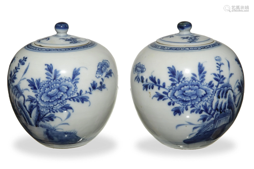 Pair of Chinese Blue and White Covered Jars, 18th