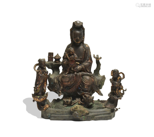 Chinese Gilt Bronze Guanyin with Acolytes, Ming