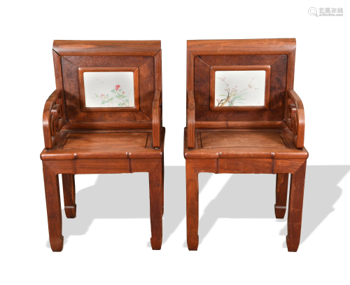 Pair of Chinese Chairs with Porcelain, Late 19th