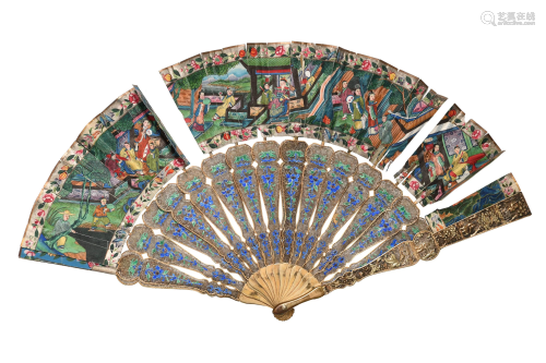Chinese Silver Enameled Export Fan, 19th Century
