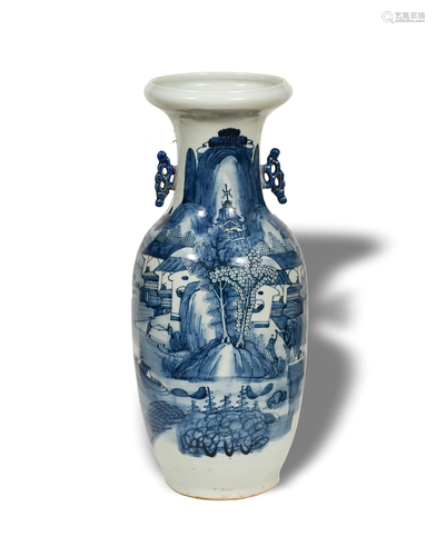 Chinese Blue and White Landscape Floor Vase, 19th