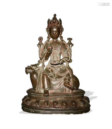 Chinese Bronze Buddhist Figure Riding Qilin, Ming