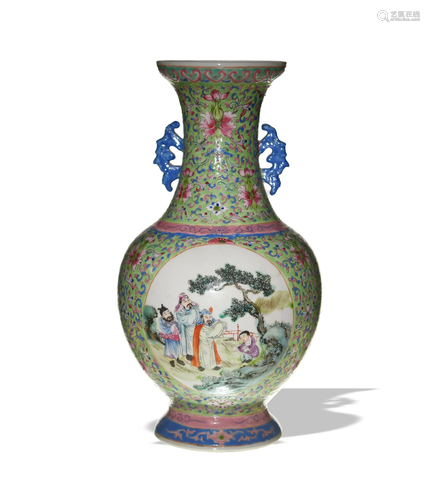 Chinese Famille Rose Double Handle Vase, Republic