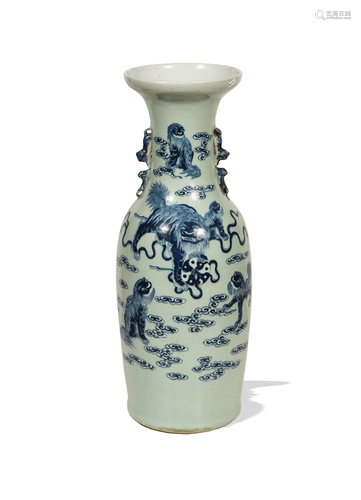 Chinese Celadon Blue and White Lion Floor Vase, 19th