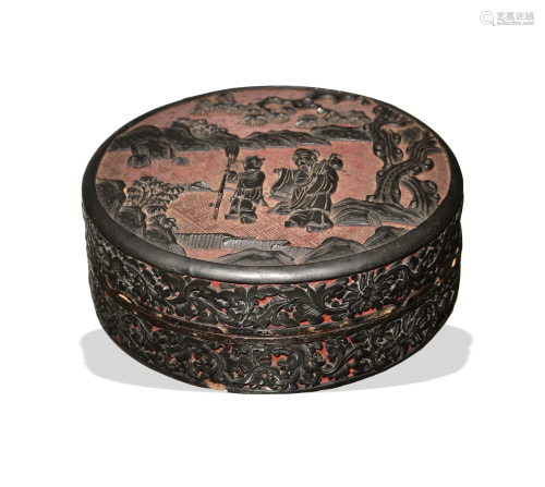 Chinese Carved Black Cinnabar Box, 19th Century