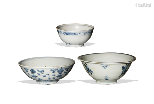 Three Chinese Blue and White Bowls, Ming Dynasty